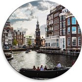 WallClassics - Dibond Muurcirkel - Bootjes door de Grachten van Amsterdam - 50x50 cm Foto op Aluminium Muurcirkel (met ophangsysteem)