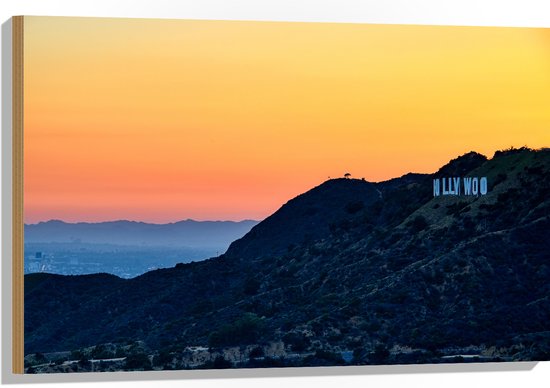 WallClassics - Hout - Hollywood Sign met Zonsondergang - 90x60 cm - 12 mm dik - Foto op Hout (Met Ophangsysteem)