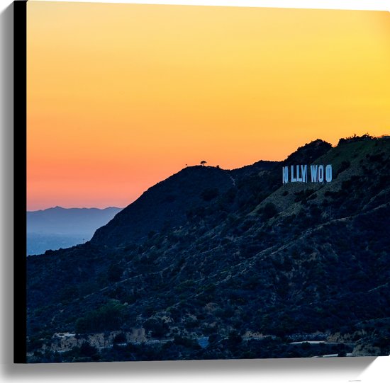 WallClassics - Canvas  - Hollywood Sign met Zonsondergang - 60x60 cm Foto op Canvas Schilderij (Wanddecoratie op Canvas)