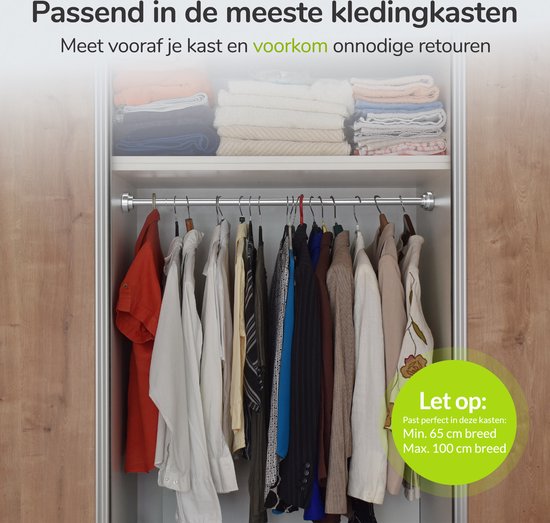 Een open kast met een gevulde kledingroede en gevouwen handdoeken erboven. Tekst: 'Past perfect in deze kasten: Min. 65 cm breed Max. 100 cm breed'.