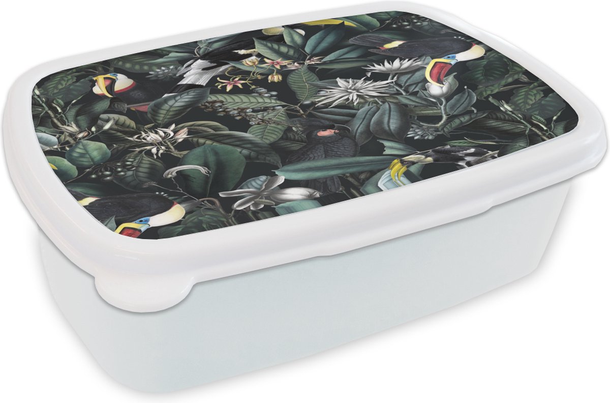 Broodtrommel Wit - Lunchbox - Brooddoos - Bloemen - Toekan - Bladeren - 18x12x6 cm - Volwassenen