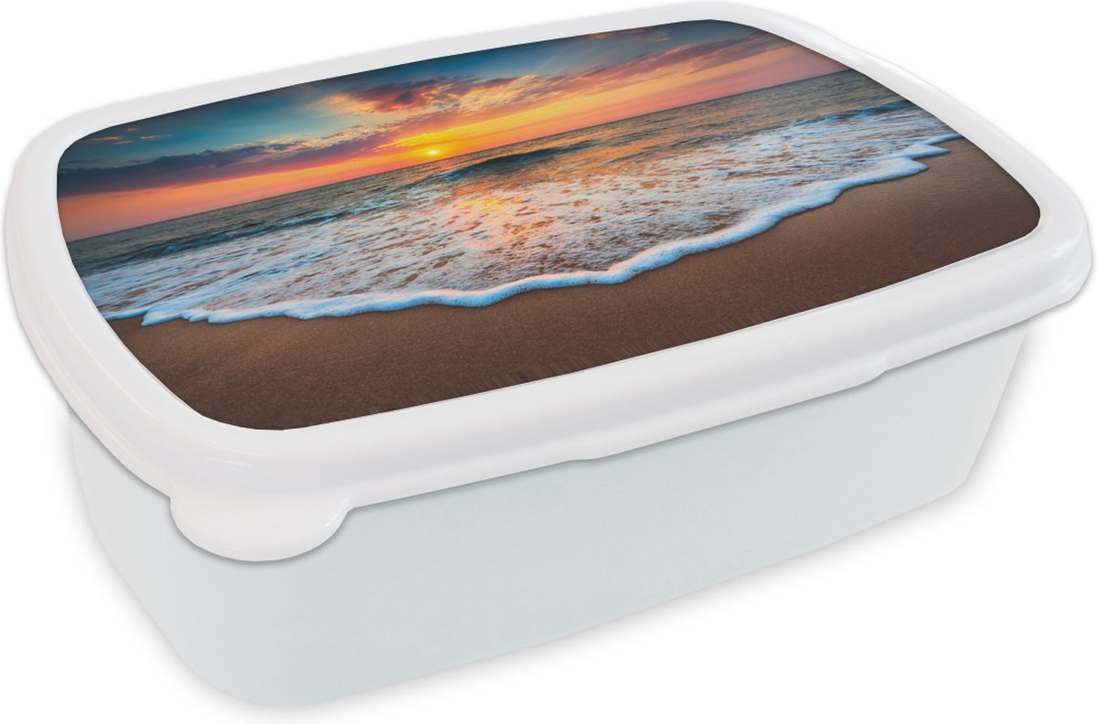 Broodtrommel Wit - Lunchbox - Brooddoos - Strand - Zee - Zonsondergang - 18x12x6 cm - Volwassenen