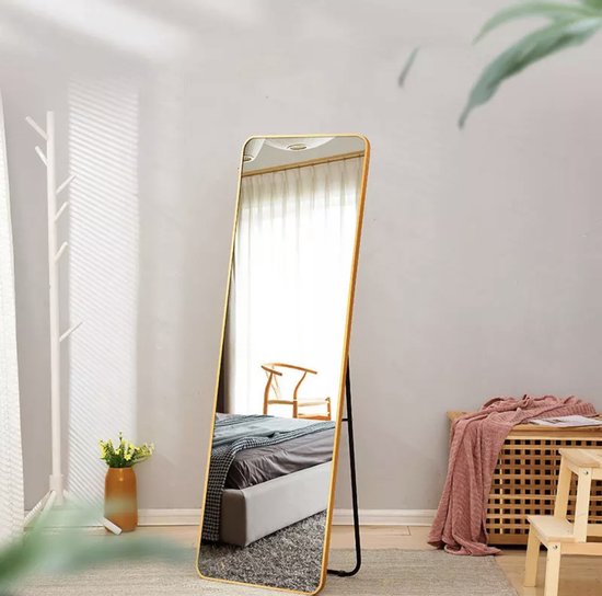 merkloos Passpiegel Goud Kleurig - Metaal - Passpiegel 160x50cm - Staande spiegel met haken - Slaapkamerspiegel - Hangspiegel - Wandspiegel