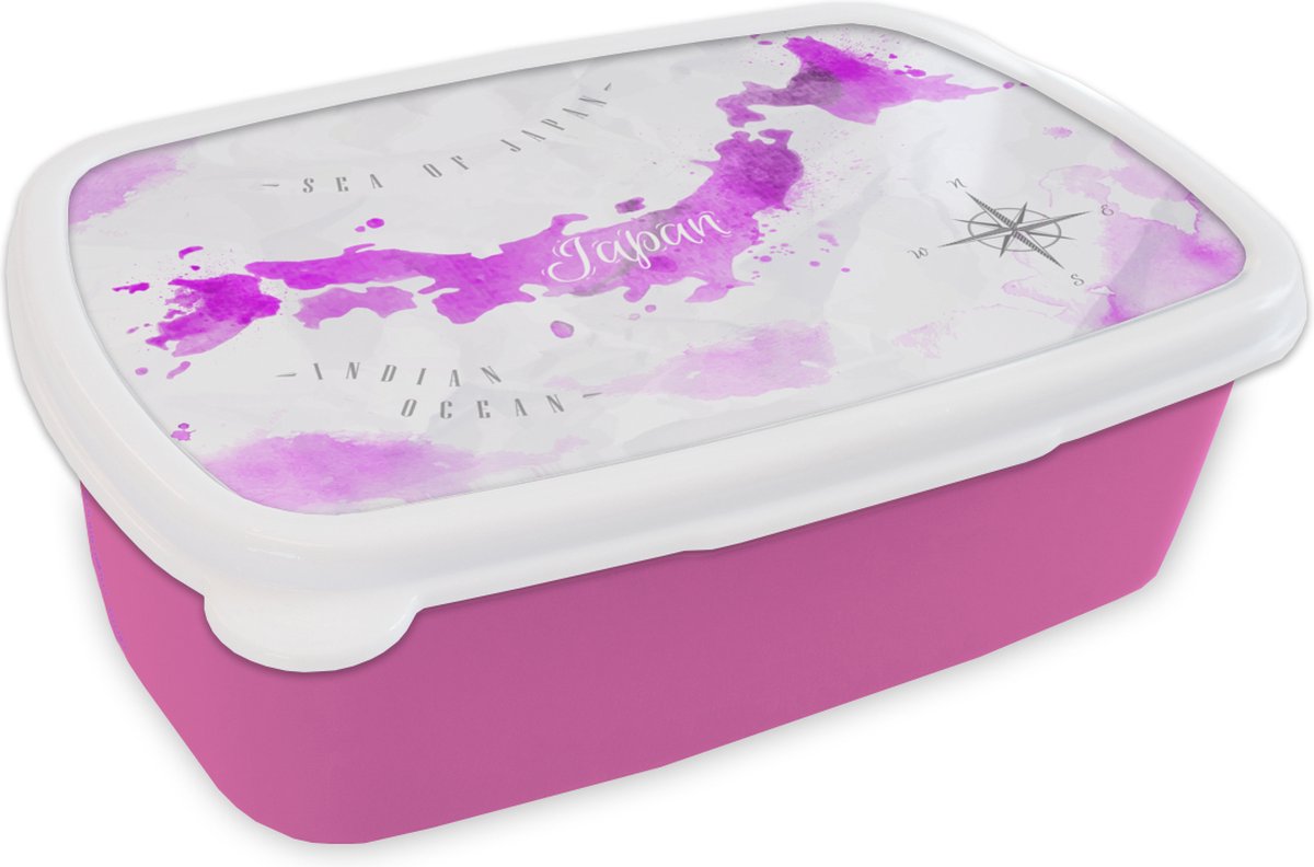 Broodtrommel Roze - Lunchbox - Brooddoos - Kaarten - Japan - Olieverf - 18x12x6 cm - Kinderen - Meisje