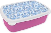 Broodtrommel Roze - Lunchbox - Brooddoos - Bloemen - Patroon - Blauw - 18x12x6 cm - Kinderen - Meisje