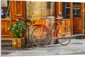 WallClassics - Acrylglas - Oranje Fiets bij Stenen Gebouw - 120x80 cm Foto op Acrylglas (Wanddecoratie op Acrylaat)