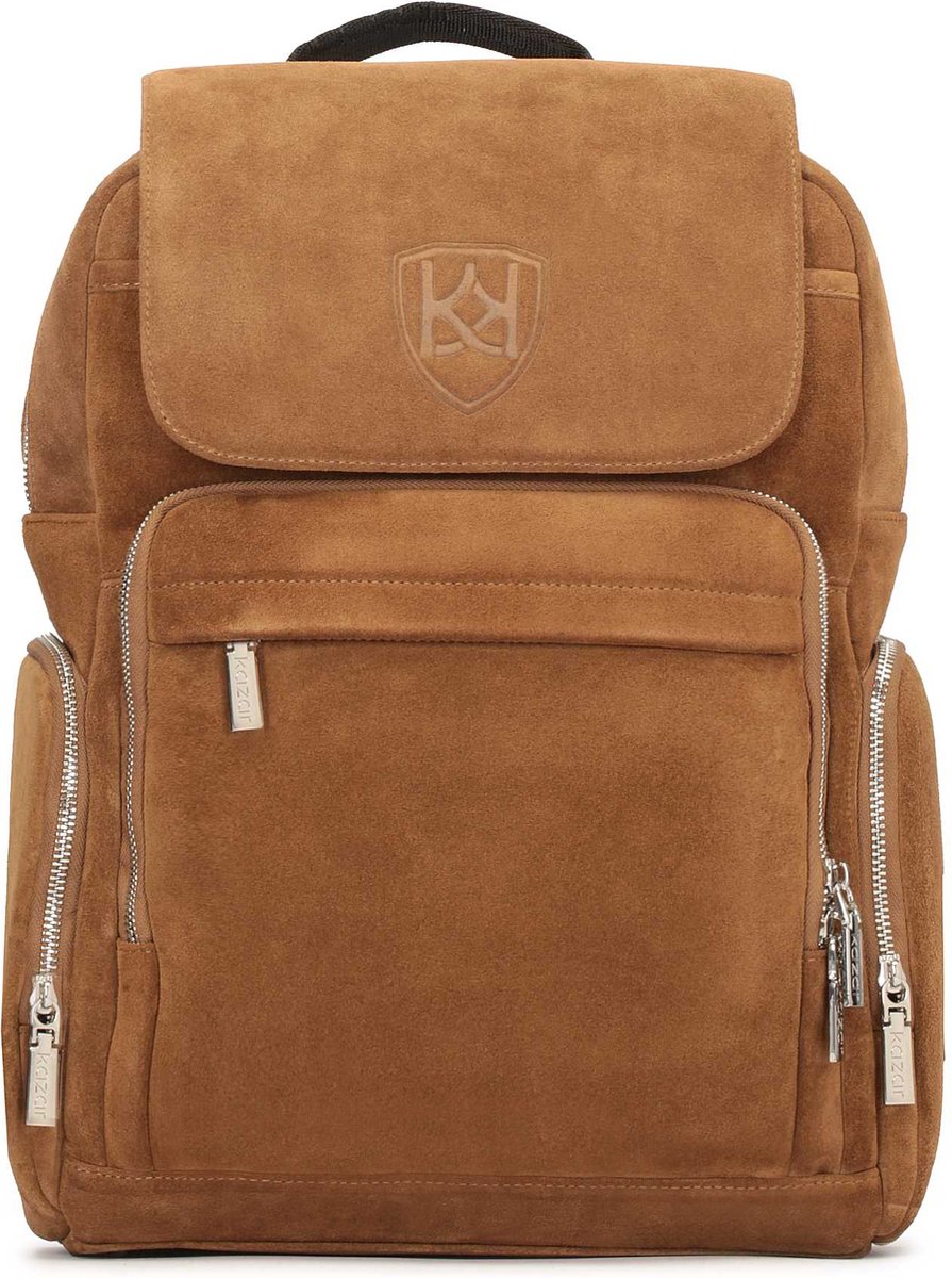 Brown suede backpack with suitcase attachment