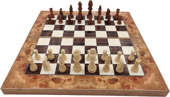 Afbeelding van het spel Backgammon bordspel - kleur Rose hout - met schaakbord - maat L - inclusief schaakstukken