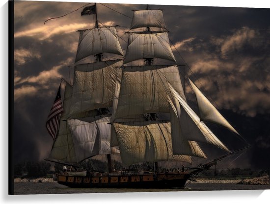 WallClassics - Canvas  - Groot Zeilschip bij Donkere Wolken - 100x75 cm Foto op Canvas Schilderij (Wanddecoratie op Canvas)