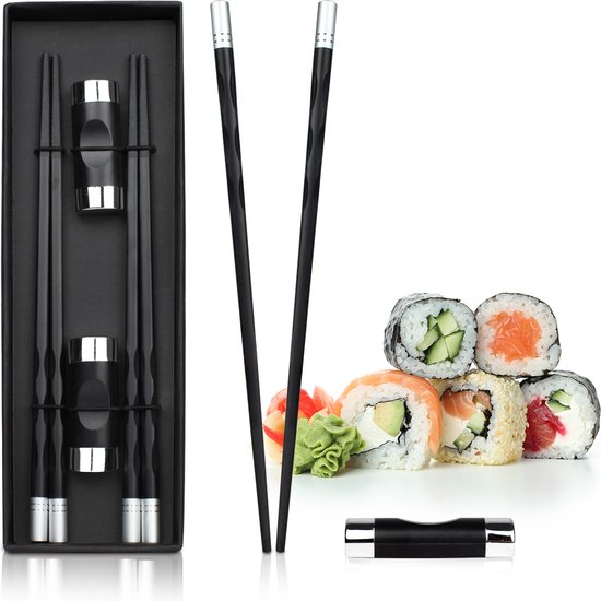 Dymund® Chopsticks Set - 2 paar eetstokjes - Incl. 2 Eetstokjes Houders - Vaatwasserbestendig - RVS - Zilver