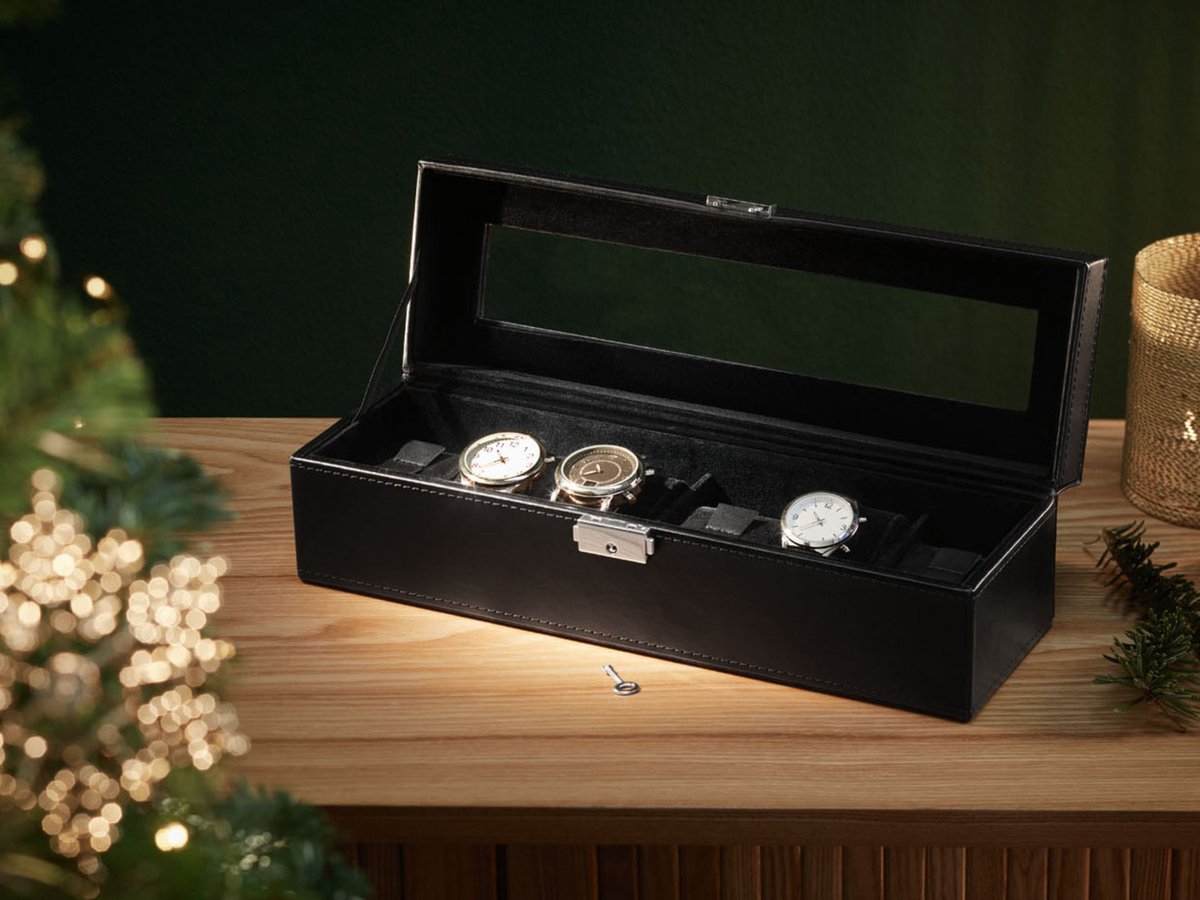 Luxe Horlogebox - Geschikt voor Horloges en Sieraden - 6 aparte vakken met uitneembare horlogekussens - hoogwaardige lederlook met edele veloursuitvoering - Met Slot - Zwart - Cadeau - kado - Vaderdag Cadeau - Vaderdag Kados - Vader Cadeautjes