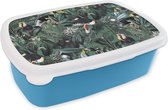 Broodtrommel Blauw - Lunchbox - Brooddoos - Bloemen - Vogel - Bladeren - 18x12x6 cm - Kinderen - Jongen