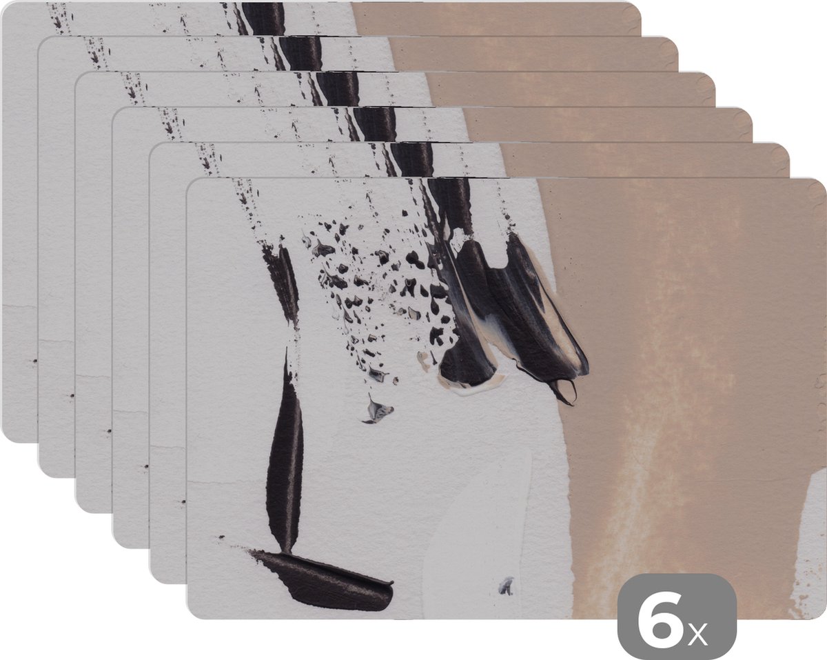 Placemat - Onderleggers - Verf - Abstract - Bruin - Zwart - Lichtbruin - Wit - Abstract - 45x30 cm - Placemats - 6 stuks
