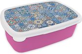 Broodtrommel Roze - Lunchbox - Brooddoos - Patronen - Bloemen - Blauw - Vormen - 18x12x6 cm - Kinderen - Meisje