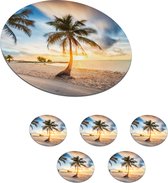 Onderzetters voor glazen - Rond - Zonsondergang - Strand - Palmboom - 10x10 cm - Glasonderzetters - 6 stuks