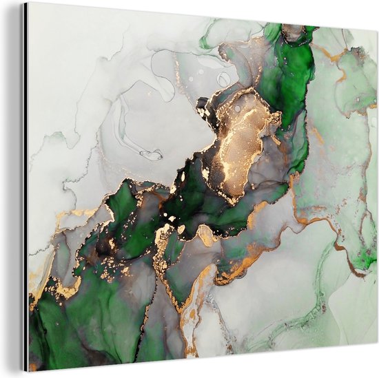 Wanddecoratie Metaal - Aluminium Schilderij Industrieel - Marmer - Goud - Groen - Luxe - 80x60 cm - Dibond - Foto op aluminium - Industriële muurdecoratie - Voor de woonkamer/slaapkamer