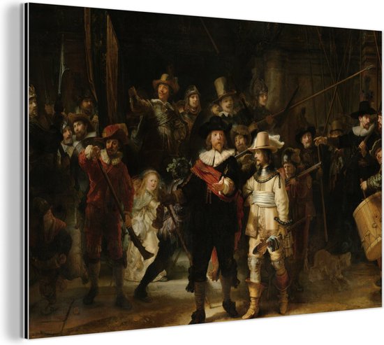 Wanddecoratie Metaal - Aluminium Schilderij Industrieel - De Nachtwacht - Kunst - Oude meesters - Rembrandt - 120x80 cm - Dibond - Foto op aluminium - Industriële muurdecoratie - Voor de woonkamer/slaapkamer