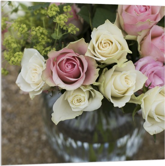 WallClassics - Verre Acrylique - Wit avec Roses Roses dans un Vase - 100x100 cm Photo sur Verre Acrylique (avec système de suspension)