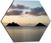 WallClassics - Dibond Hexagon - Twee Bergen in Zee - 30x26.1 cm Foto op Hexagon (Met Ophangsysteem)