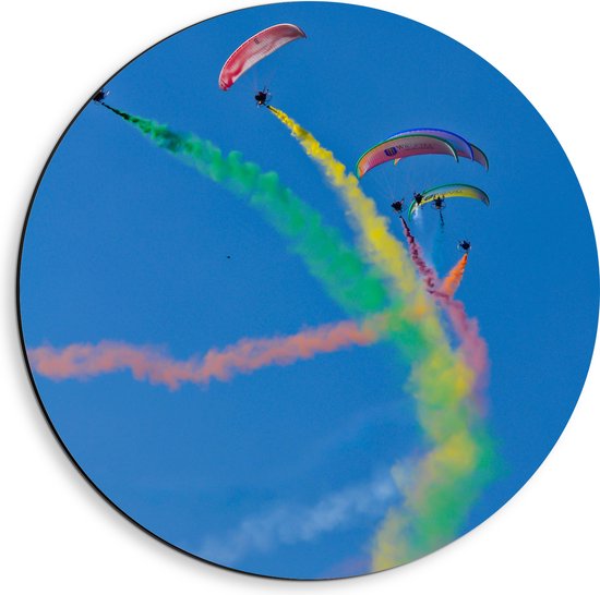 WallClassics - Dibond Muurcirkel - Gekleurde Rook bij Zweefvliegers - 40x40 cm Foto op Aluminium Muurcirkel (met ophangsysteem)