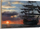 WallClassics - Hout - Groot Piratenschip op Zee met Zon - 100x75 cm - 12 mm dik - Foto op Hout (Met Ophangsysteem)