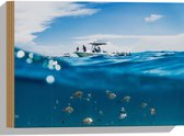 WallClassics - Hout - Scheiding van Water en Lucht - Vissen onder een Boot - 40x30 cm - 12 mm dik - Foto op Hout (Met Ophangsysteem)