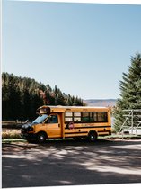 WallClassics - PVC Schuimplaat - Schoolbus bij Bomen en Water - 75x100 cm Foto op PVC Schuimplaat (Met Ophangsysteem)