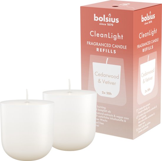 Bolsius - CleanLight - Navulbare Geurkaarsen - Cedarwood & Vetiver - 12 Gegeurde Refills