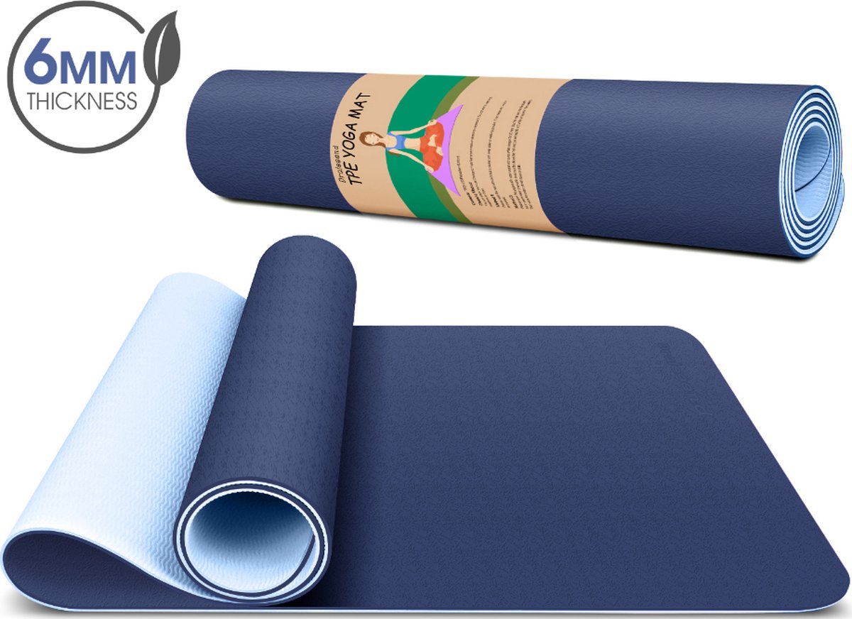 Dralegend antislip yogamat -Blauw - met blaadjes print, gemaakt van TPE met extra dik (6mm) - Sportmat Fitness Mat Duurzaam Blauw- hypoallergene yoga mat met draagband - 183 cm x 61 cm x 0,6 cm