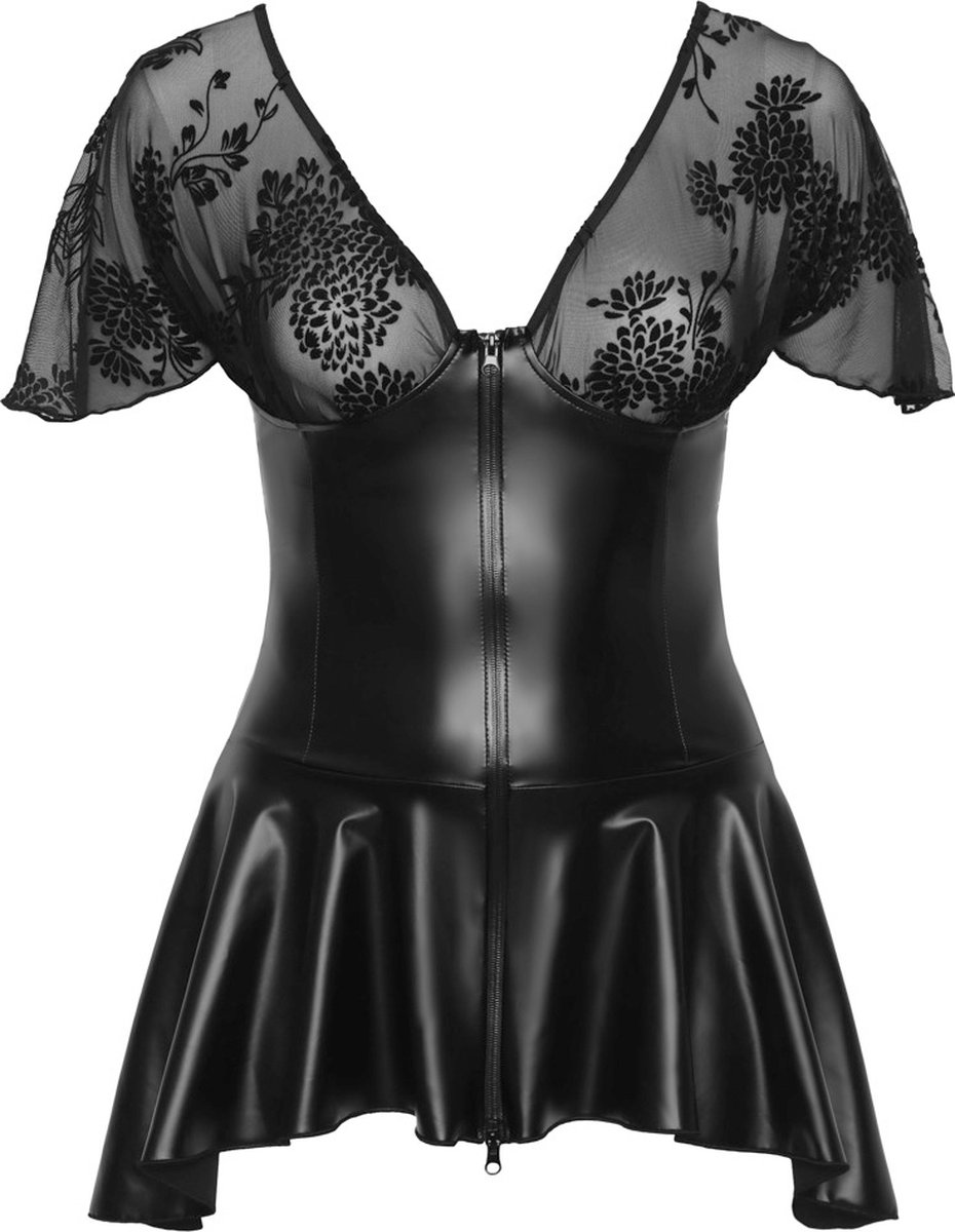 Noir Handmade Wetlook Mini jurkje Met Klokrokje en Elastisch Kant Grote Maten Plus. bol