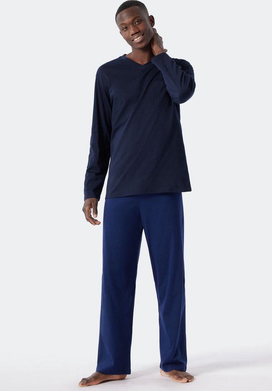 SCHIESSER heren pyjama, V-hals, blauw met wit en grijs gestreept