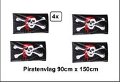 4x Vlag Piraat skull met rode bandana - 90cm x 150 cm - Piraat vlag piraten kleur thema feest festival