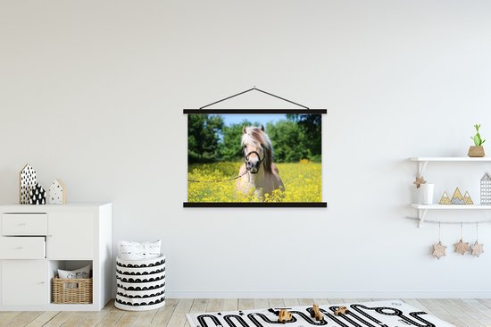 Posterhanger incl. Poster 120x80 cm - Schoolplaat - Paard - Bloemen - Geel - Textielposter - Zwarte latten
