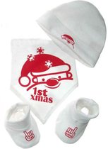 Soft Touch Geschenkset 3-dlg - Kerst - Set - Slabber/Bandana - Slofjes - Mutsje - Baby - Kerst - zwangerschap aankondiging - maat New Born - stuks 1 - Wit/rood