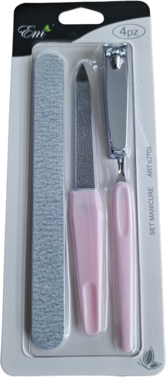 EM Milano Manicure set - Pedicure set - 4-delig - Buffervijl - Nagelvijl - Nagelknipper - Nagelriem verwijderaar - Roze
