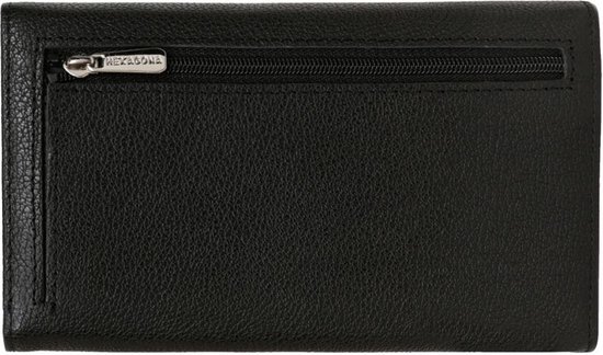 Portefeuille noire en cuir avec une poche zippée au dos.