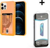 ShieldCase Shock case met pashouder geschikt voor Apple iPhone 12 / 12 Pro - 6.1 inch - Oranje + glazen Screen Protector