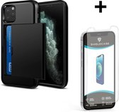 ShieldCase Kaarthouder case met slide geschikt voor Apple iPhone 12 / 12 Pro - 6.1 inch - zwart + glazen Screen Protector