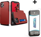 ShieldCase Kaarthouder case met slide geschikt voor Apple iPhone 12 Pro Max 6.7 inch - rood + glazen Screen Protector