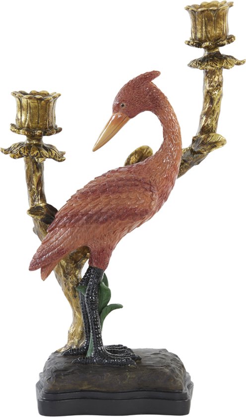 Cactula kandelaar voor 2 dinerkaarsen in antiek brons bordeaux kleur met vogel 29 x 45 cm
