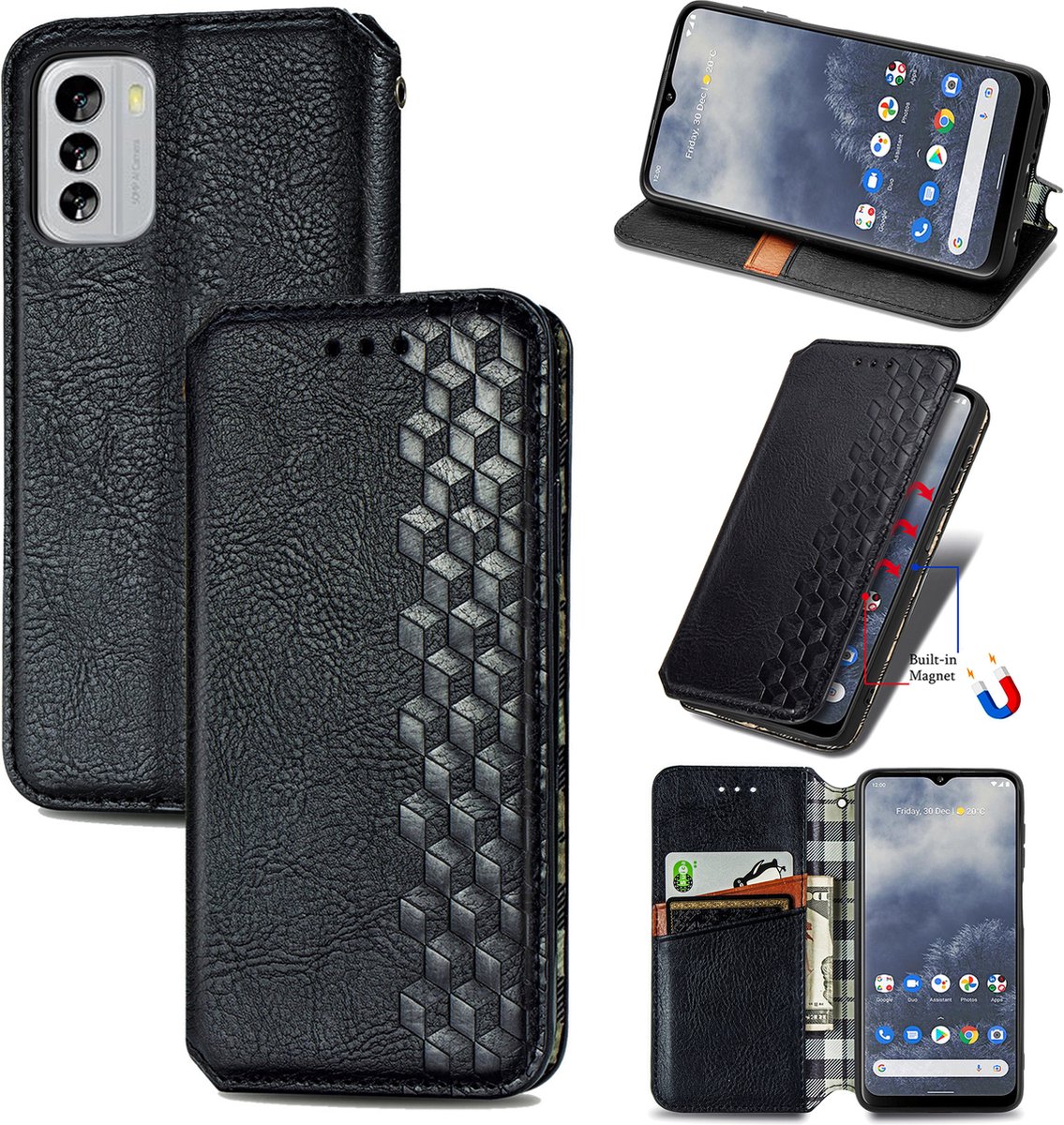Luxe PU Lederen Ruitpatroon Wallet Case voor Nokia G60 _ Zwart