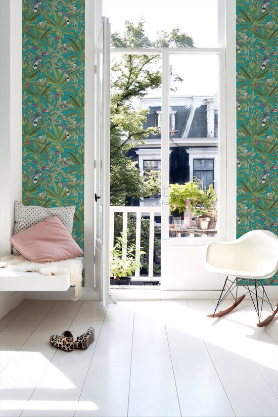 Papier peint ESTAhome feuilles de jungle tropicale et oiseaux de paradis bleu pétrole et vert jungle - 0- 0,53 x 10,05 m