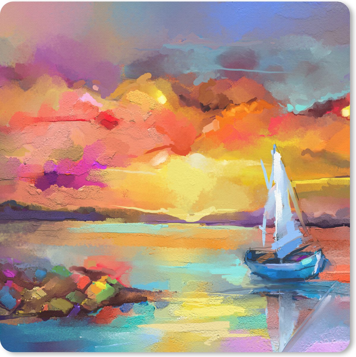Muismat 20x20 cm - Mousepad Schilderij - Olieverf - Boot - Kleuren - Muismatten
