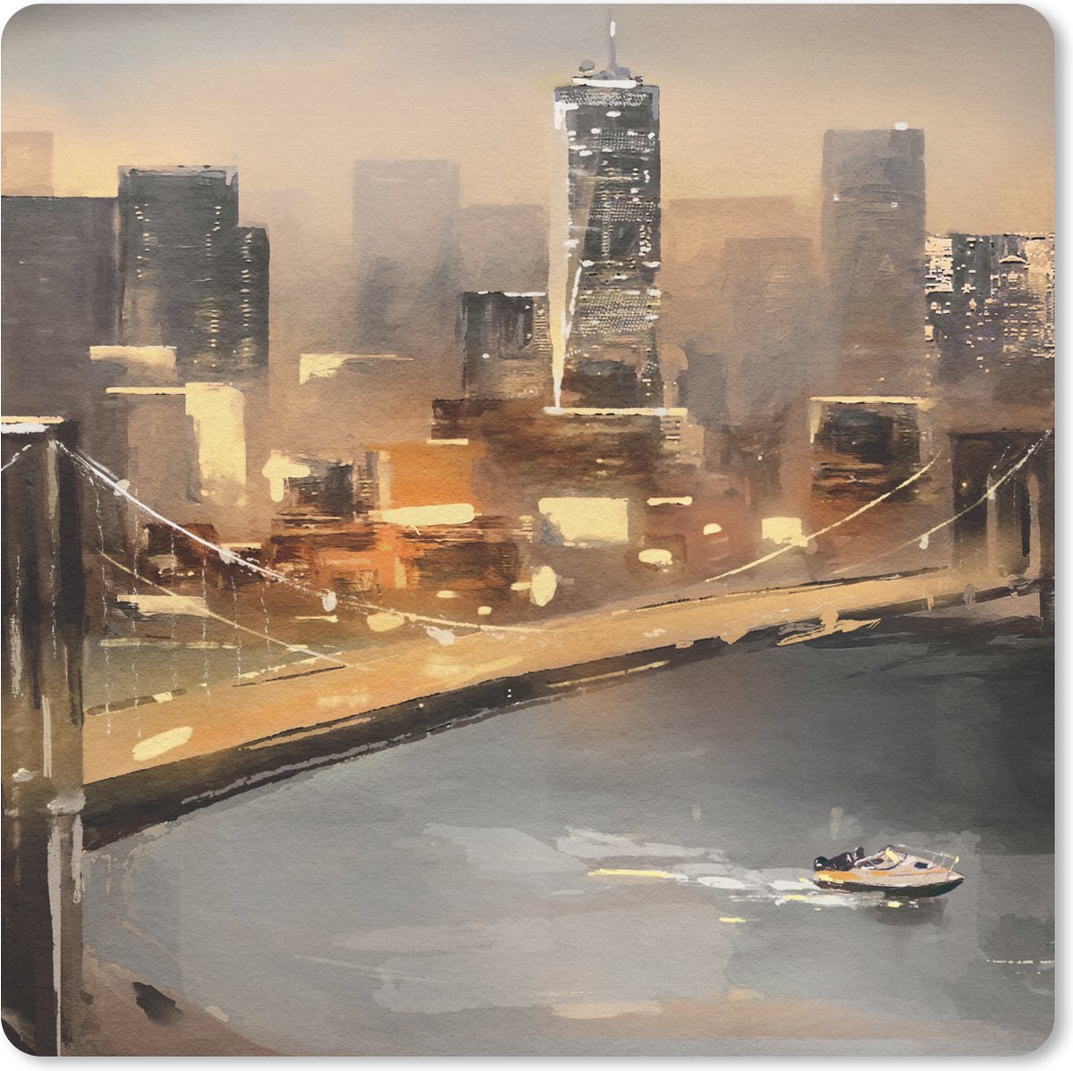 Muismat 30x30 cm - Mousepad Schilderij - Olieverf - Skyline - Stad - Water - Muismatten