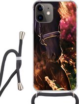 Hoesje met koord Geschikt voor iPhone 12 Mini - Paard - Zon - Portret - Siliconen - Crossbody - Backcover met Koord - Telefoonhoesje met koord - Hoesje met touw