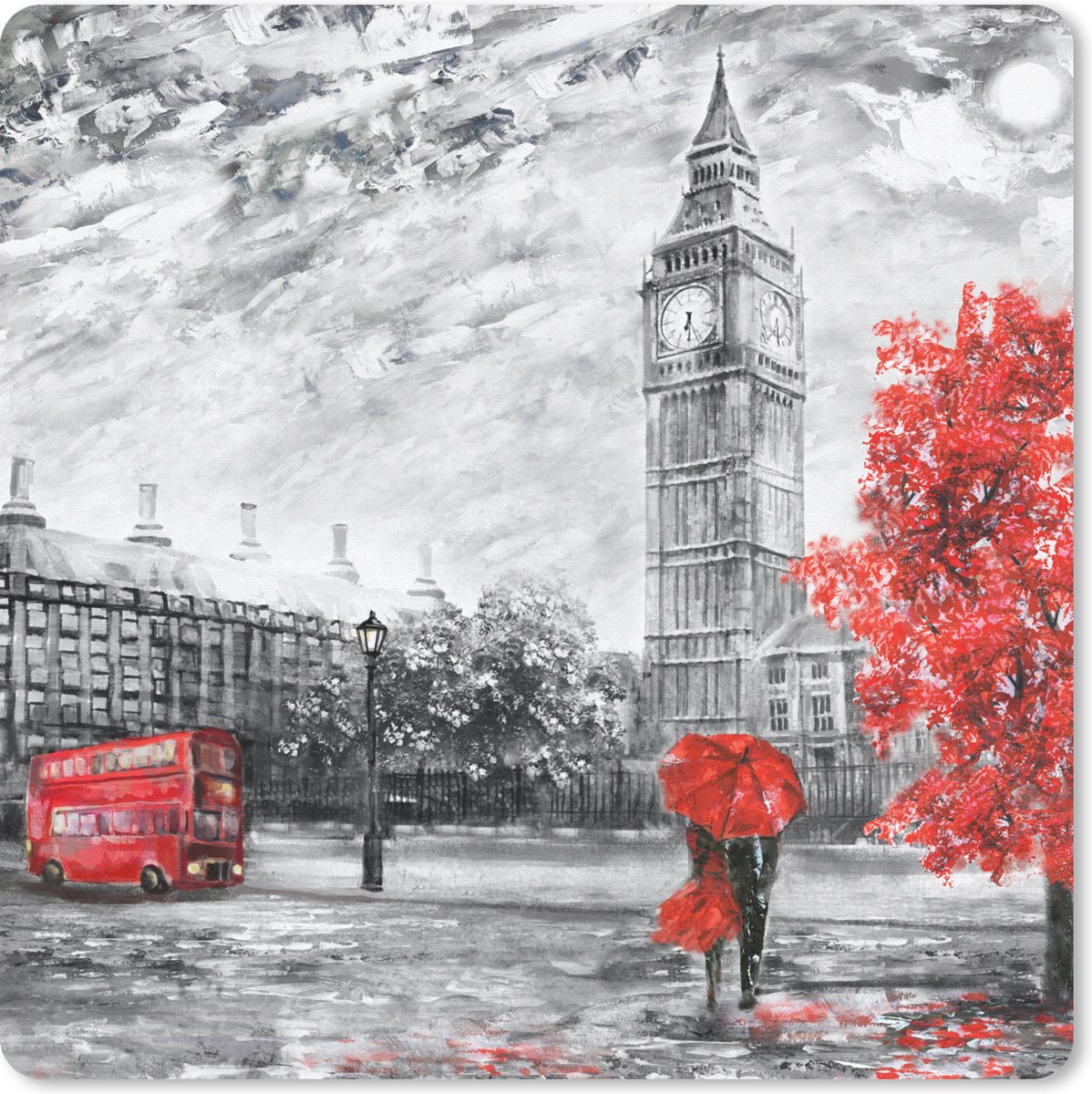 Muismat 30x30 cm - Mousepad Schilderij - Big Ben - Rood - Paraplu - Muismatten