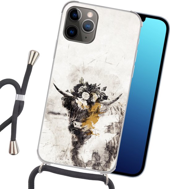 Coque avec cordon iPhone 13 Pro Max - Highlander écossais - Peinture - Fleurs - Siliconen - Bandoulière - Coque arrière avec cordon - Coque pour téléphone avec cordon - Coque avec corde