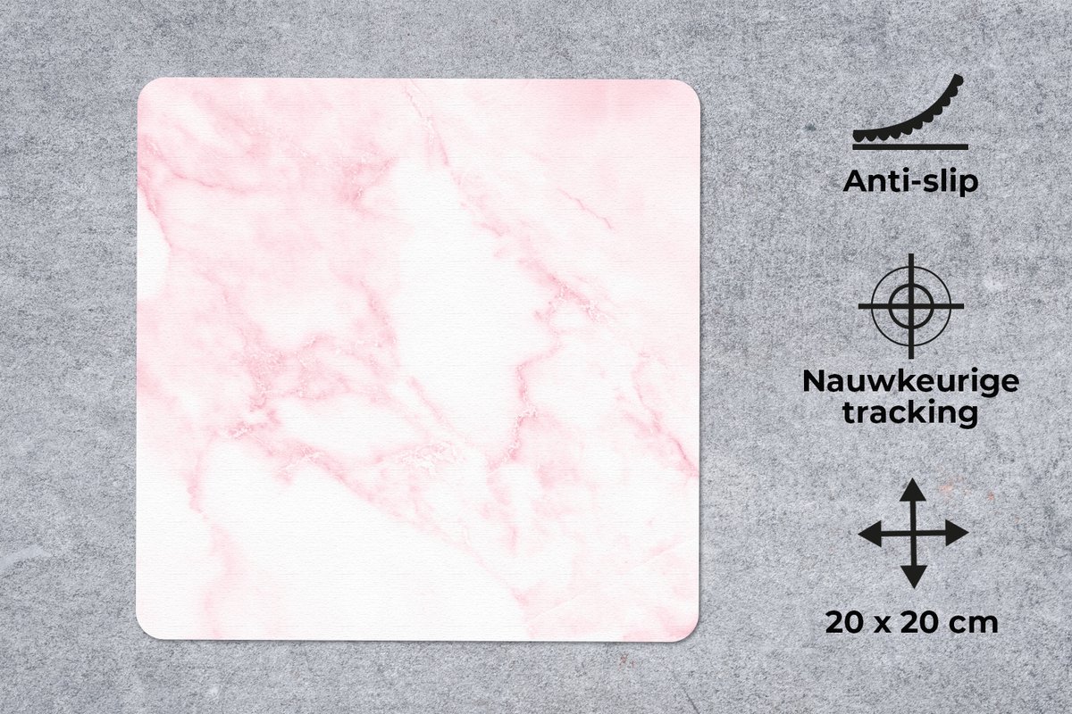 Muismat 20x20 cm - Mousepad Marmer - Wit - Roze - Chic - Marmer printlook - Muismatten