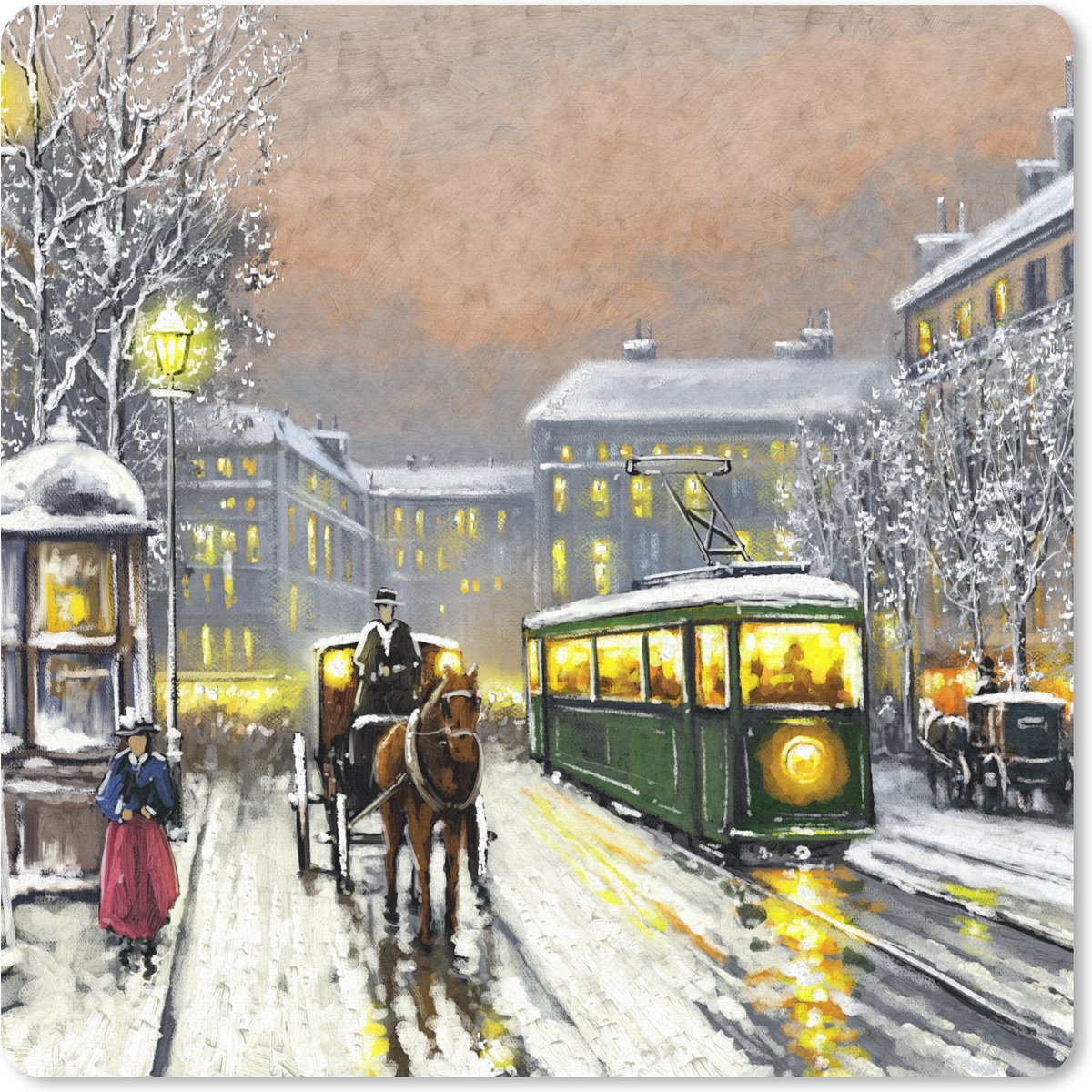 Muismat 20x20 cm - Mousepad Schilderij - Olieverf - Winter - Tram - Paard - Muismatten