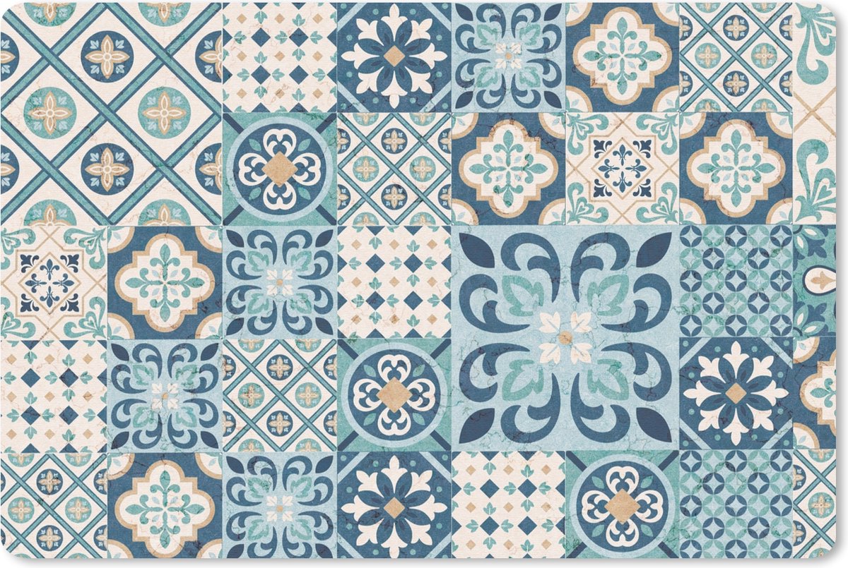 Bureau onderlegger - Muismat - Bureau mat - Bloemen - Blauw - Design - Tegel - 60x40 cm